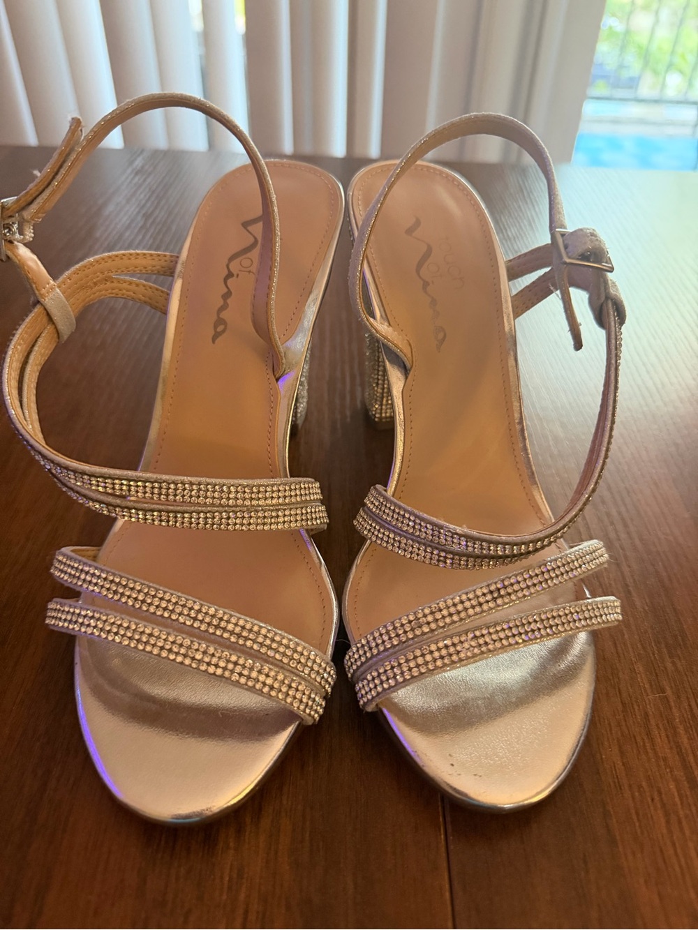 Nina Silver Rhinestone Strappy Block Heel Sandals